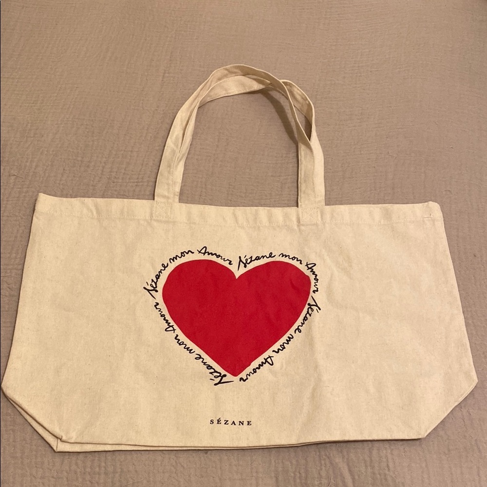 Sezane Red Heart Canvas Tote Bag